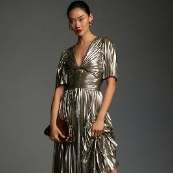 NWT Anthropologie Short-Sleeve Metallic Cutout Midi Dress In Silver Size XL - Picture 4 of 8